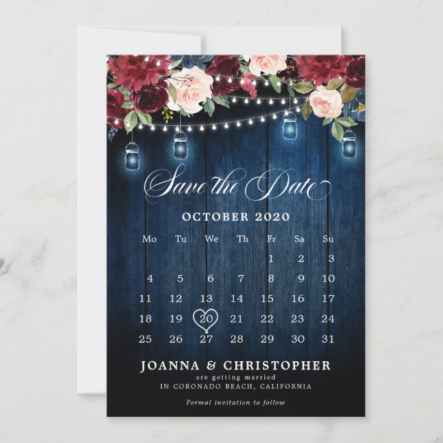 Save The Date Bois rustique Bourgogne Floral Mason Calendrier de (Devant)