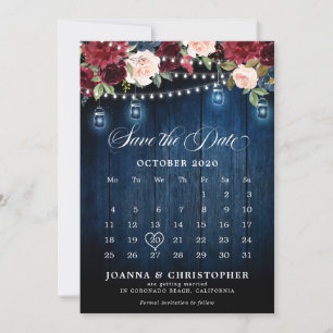 Save The Date Bois rustique Bourgogne Floral Mason Calendrier de