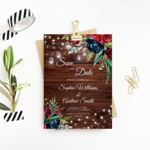 Save The Date Bois Rustique Bourgogne Lumières Florales Enregist