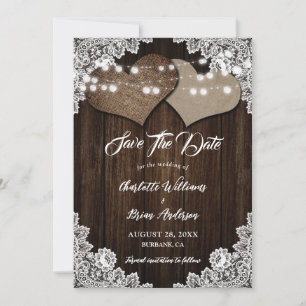 Save The Date Bois rustique Burlap et mariage de dentelle Enregi