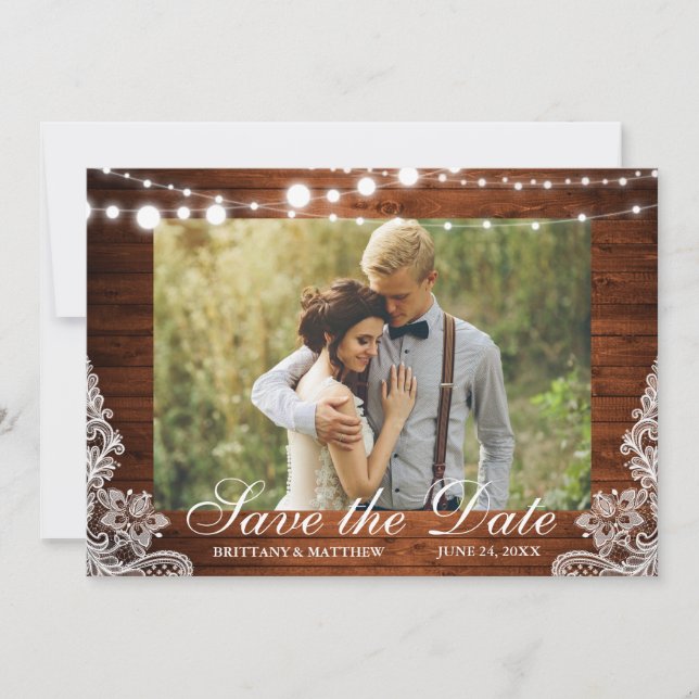 Save The Date Bois rustique Chaîne Lumière Dentelle Photo (Devant)