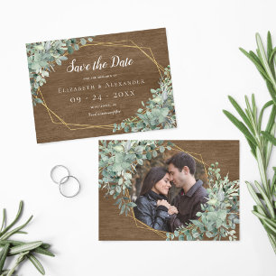 Save The Date Bois rustique Eucalyptus Verdure Photo géométrique