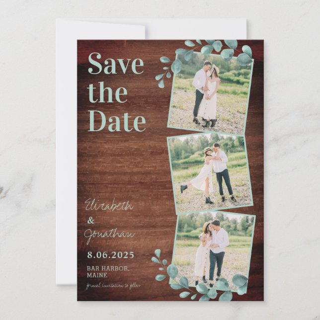 Save The Date Bois rustique Eucalyptus Vert Photo Collage (Devant)