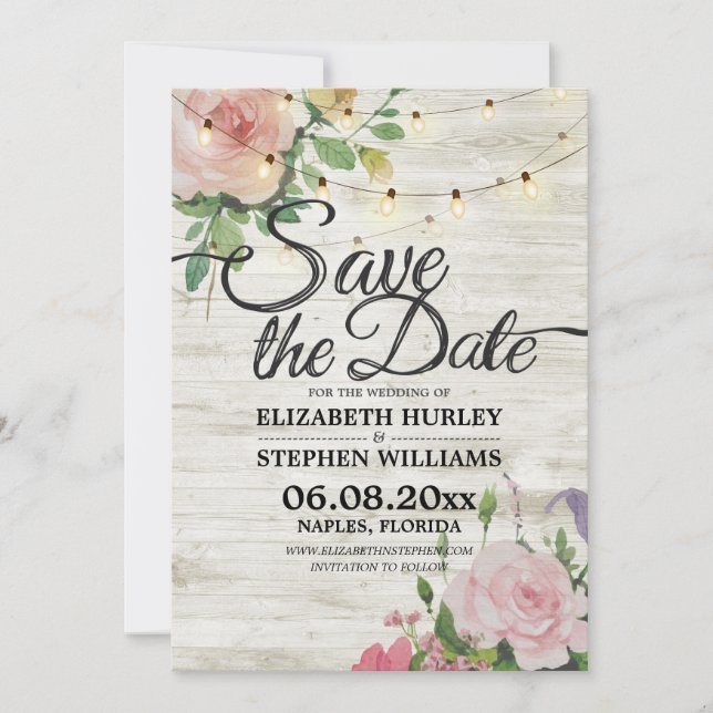 Save The Date Bois rustique Floral Chaîne Lumières Mariage Date  (Devant)