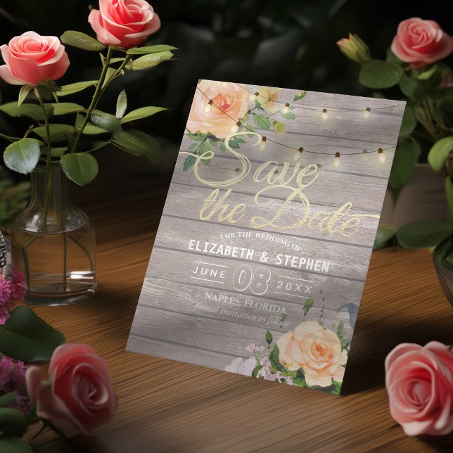 Save The Date Bois Rustique Floral Lumières À Chaîne Enregistrer (Créateur téléchargé)