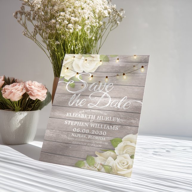 Save The Date Bois Rustique Floral Lumières À Chaîne Enregistrer (Créateur téléchargé)