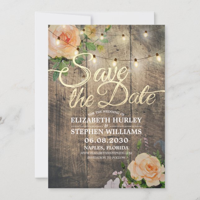 Save The Date Bois Rustique Floral Lumières À Chaîne Enregistrer (Devant)