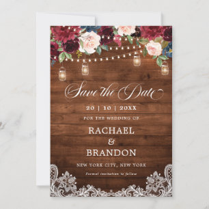 Save The Date Bois rustique Floral Mason Jar Enregistrer la date