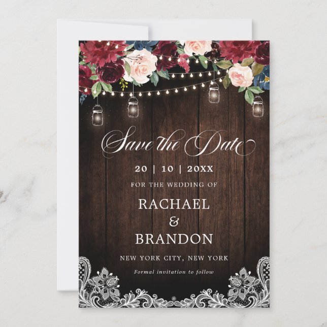 Save The Date Bois rustique Floral Mason Jar Enregistrer la date (Devant)