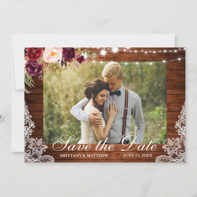 Save The Date Bois rustique Lumières Florales dentelle photo (Devant)
