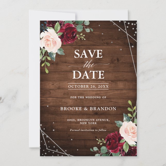 Save The Date Bois rustique Mariage floral bordeaux géométrique (Devant)