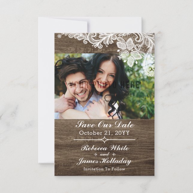 Save The Date Bois rustique & Mariage Vintage En Dentelle Enregi (Devant)