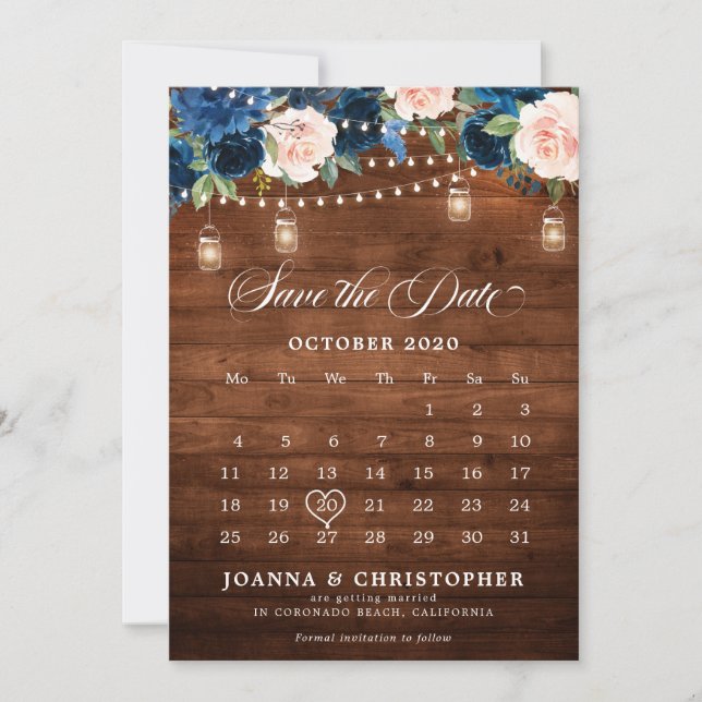 Save The Date Bois rustique Marine Bleu Floral Mason Calendrier  (Devant)