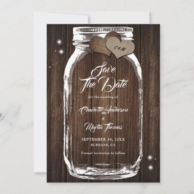 Save The Date Bois Rustique Mason Jar Mariage Enregistrer La Dat (Devant)