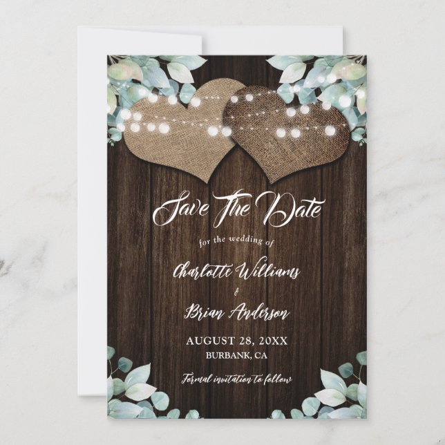 Save The Date Bois rustique vert Eucalyptus blanc Mariage dentel (Devant)