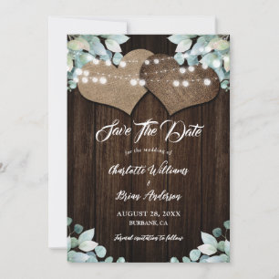 Save The Date Bois rustique vert Eucalyptus blanc Mariage dentel