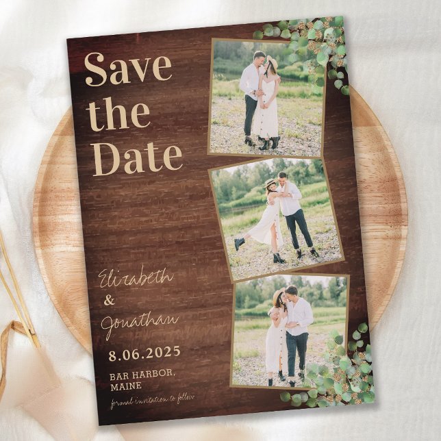Save The Date Bois rustique vert Eucalyptus Photo Collage (Créateur téléchargé)