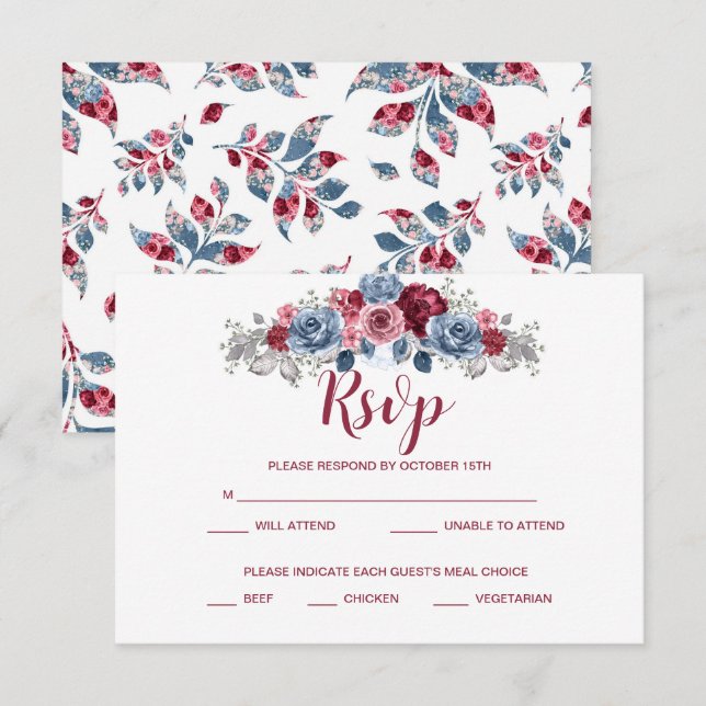 Save The Date Boîtier RSVP de mariage bleu et bordeaux Dusty (Devant / Derrière)