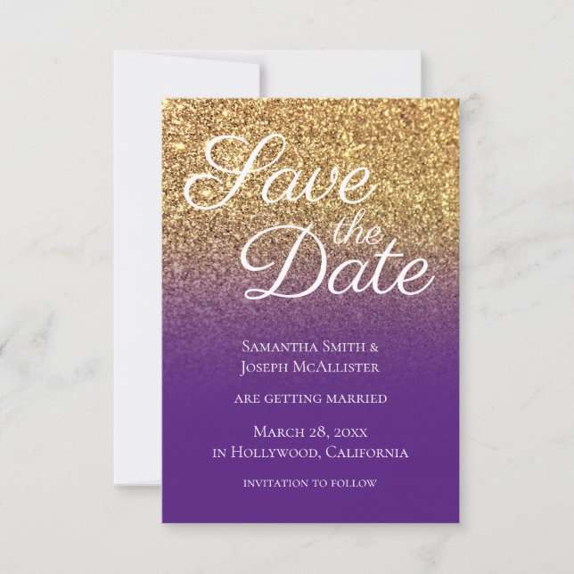 Save The Date Bokeh Gold Parties scintillant Royal Purple Ombre (Devant)