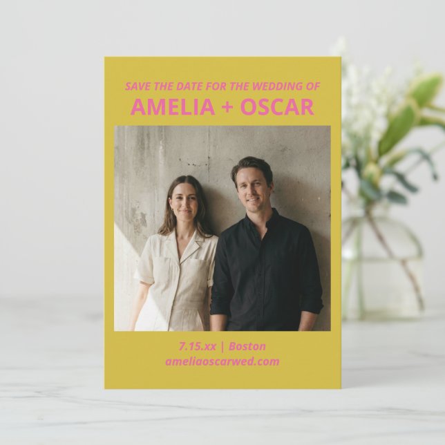 Save The Date Bold Modern Chartreuse Pink Yellow Wedding Photo  (Debout devant)