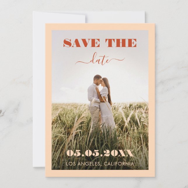 Save The Date Bold Peach & Terracotta 2 Photo Simple Mariage (Devant)