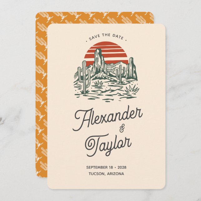 Save The Date Bold Retro Vibes Saguaro Mariage du désert du pays (Devant / Derrière)
