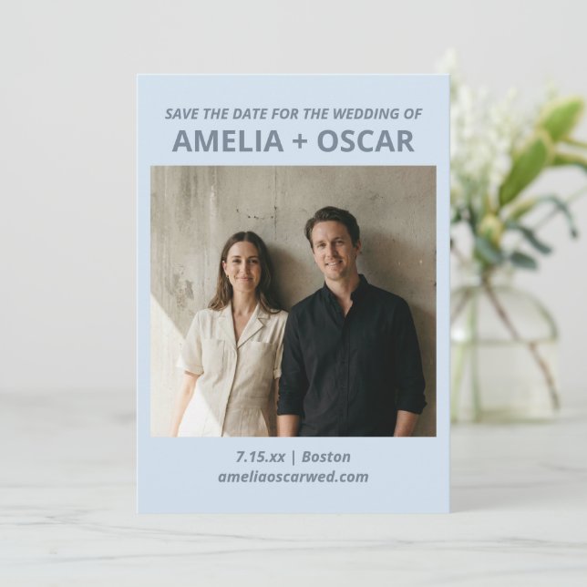Save The Date Bold Soft Blue Photo Modern Typography Wedding (Debout devant)