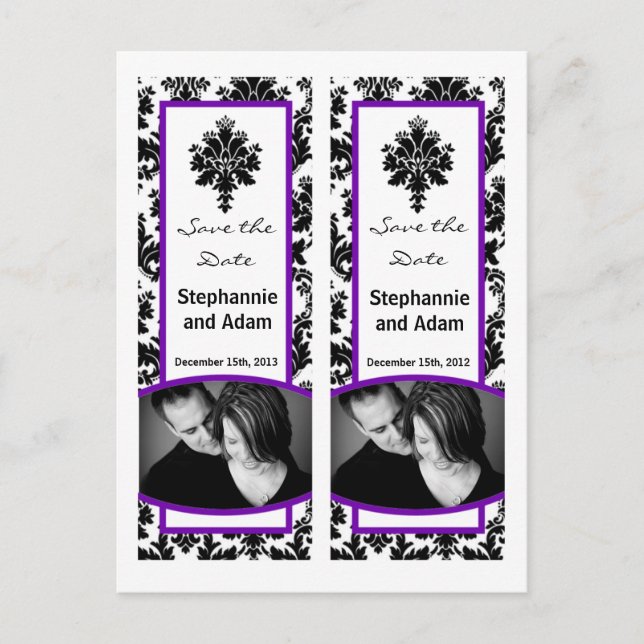 Save the Date Book Mark Favours Black Purple Damas Announcement Postcard (Front)