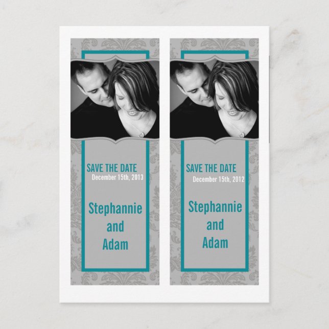 Save the Date Book Mark Favours Modern Grey Damask Announcement Postcard (Front)