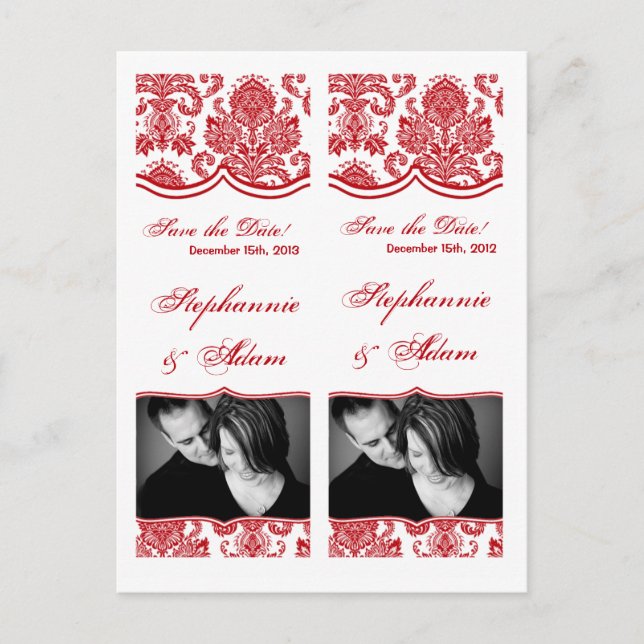Save the Date Book Mark Favours Red White Damask Announcement Postcard (Front)