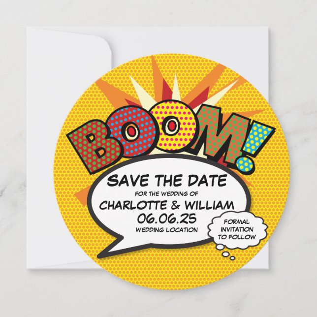 Save The Date BOOM Enregistrer la date Fun Retro Comic Book Pop  (Devant)