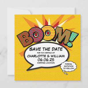 Save The Date BOOM Enregistrez la date Fun rétro bande dessinée 