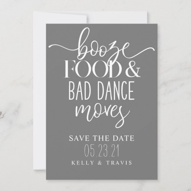 Save The Date Booze nourriture et mauvaise danse déménage Mariag (Devant)