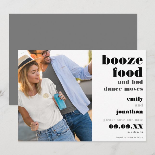 Save The Date Booze Nourriture Mauvaise Danse Déplace Photo Enre (Devant / Derrière)