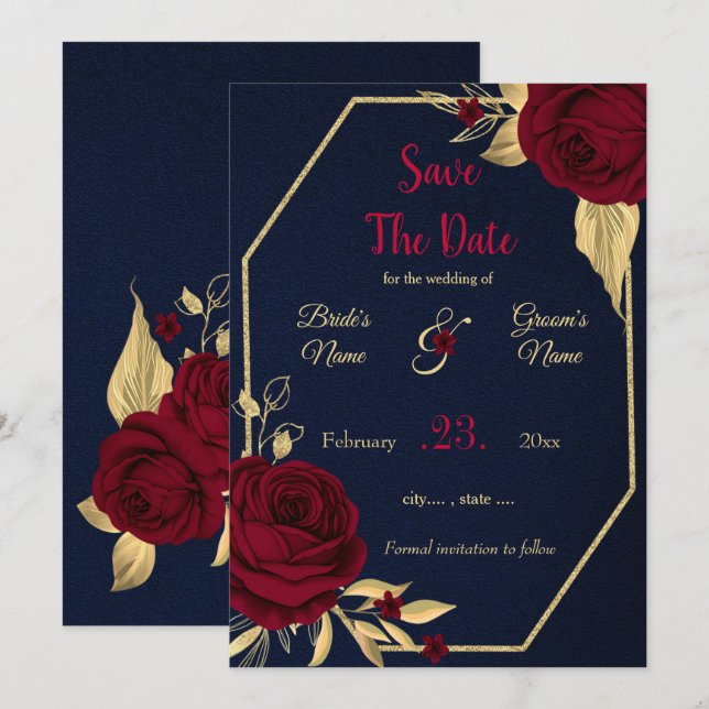 Save The Date bordeaux & or floral marine bleu géométrique (Devant / Derrière)