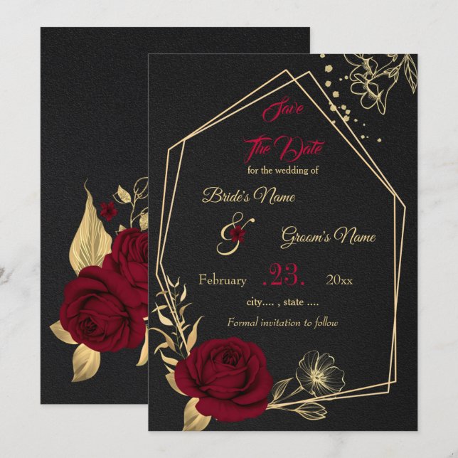 Save The Date bordeaux & or floral noir géométrique (Devant / Derrière)