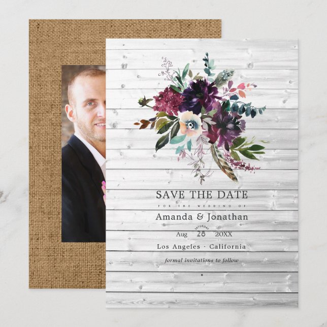 Save The Date Bordo Violet Plum Floral Rustique Bohème Mariage (Devant / Derrière)