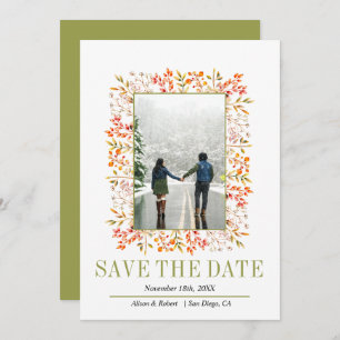 Save The Date Bordure de feuilles et de baies mariage vert olive