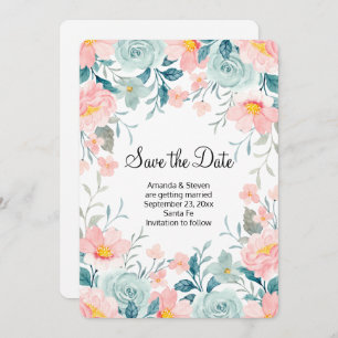 Save The Date Bordure florale rose et vert Élégant Mariage