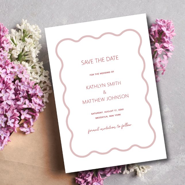 Save The Date Bordure rose rouge vague moderne Mariage rétro (Créateur téléchargé)