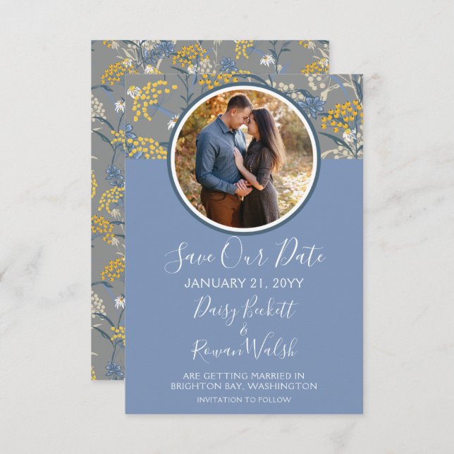 Save The Date Botanical Daisy Floral Yellow & Navy Invitation (Front/Back)