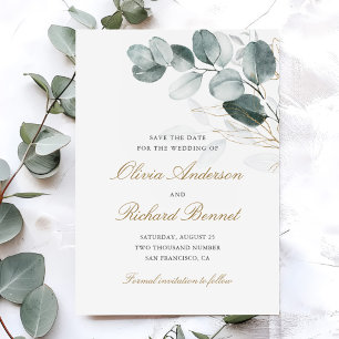 Save The Date Botanical Gold Greenery Eucalyptus Wedding