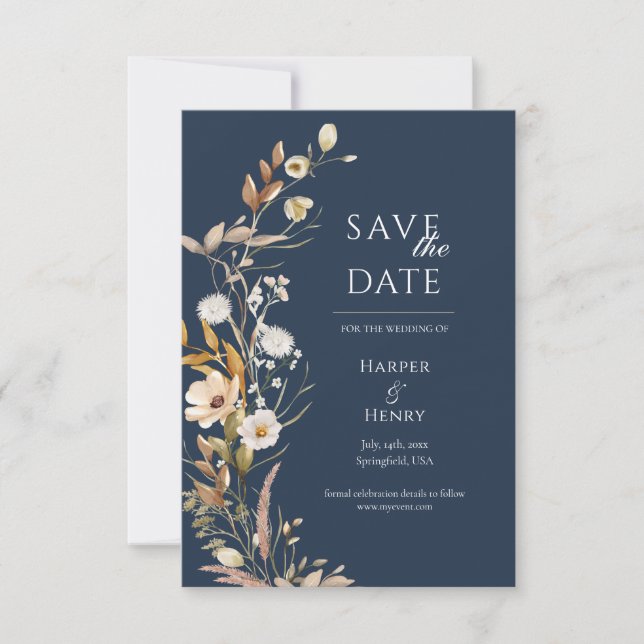 Save The Date Botanique Bleu de la Marine fleur sauvage (Devant)