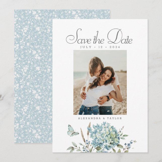 Save The Date Botanique Bohème Bleu Aquarelle Mariage Photo (Devant / Derrière)