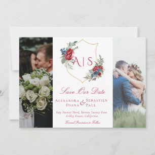 Save The Date Botanique Floral Crest 3 Photo Collage Monogramme