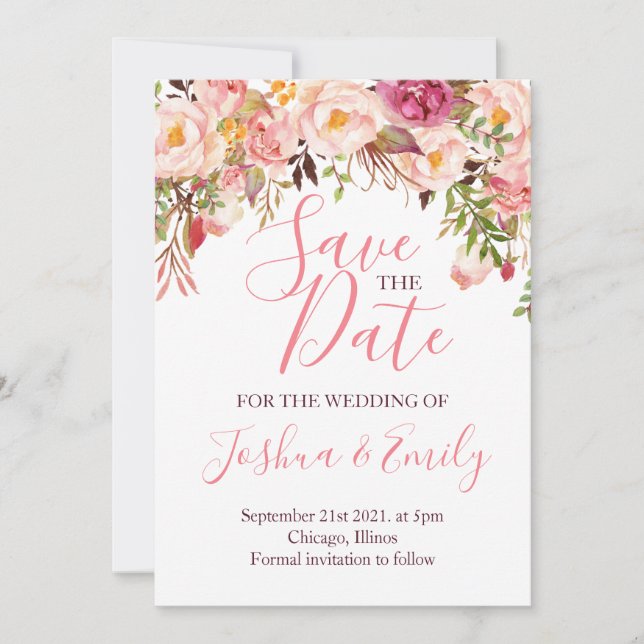 Save The Date Botanique Florale Pink Peony Boho Mariage (Devant)