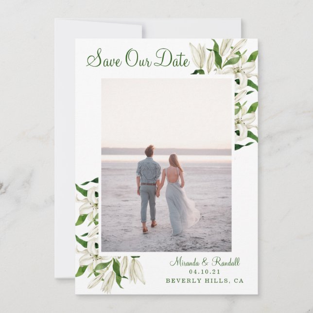 Save The Date Botanique moderne | Photo encadrée de Lily blanche (Devant)