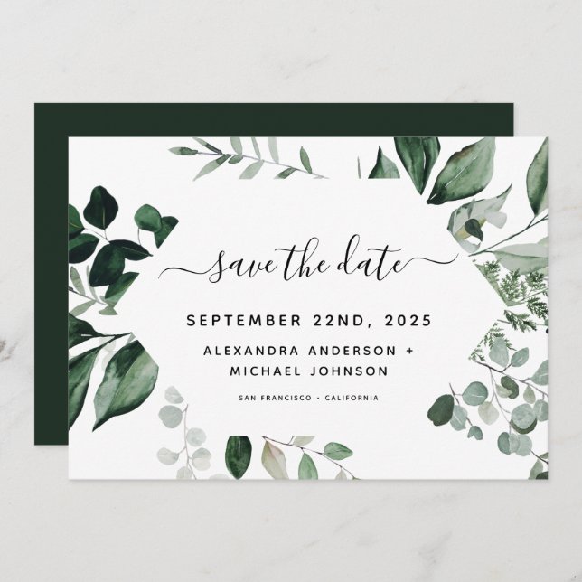 Save The Date Botanique Verdure Foliage Aquarelle Mariage Enregi (Devant / Derrière)