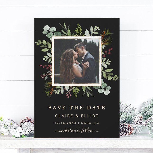 Save The Date Botanique Verdure Mariage de Noël Photo Noir (Créateur téléchargé)
