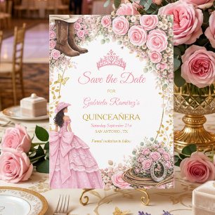 Save The Date Bottes occidentales Roses roses Quinceañera dorée